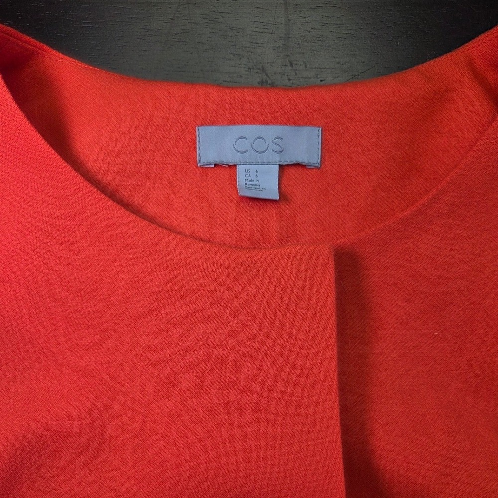 COS Orange Wool Blend Belted Collarless Dress Womens Size 6 Patch Pockets - Picture 4 of 7
